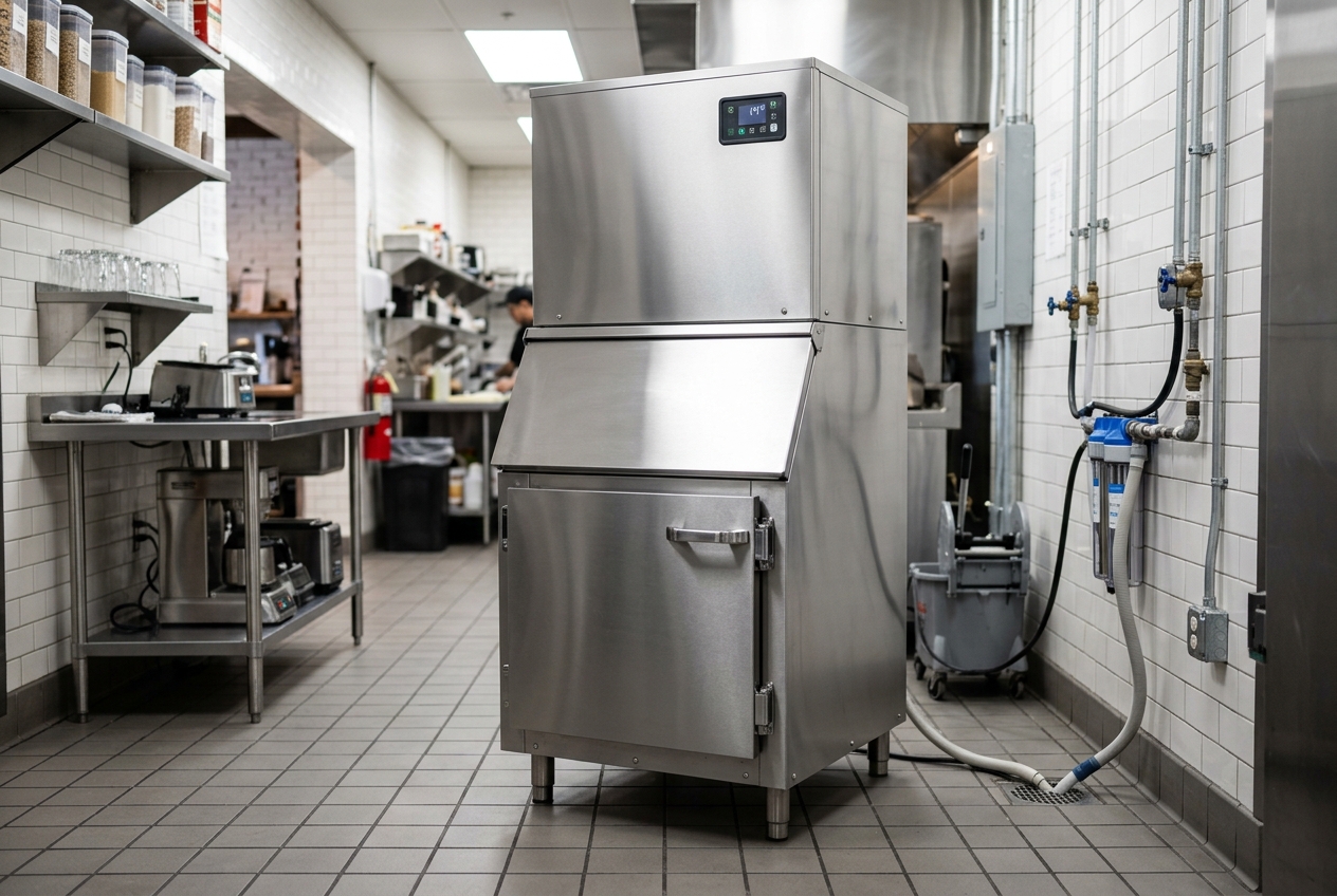 Stainless-steel commercial ice machine with storage bin in a restaurant service area