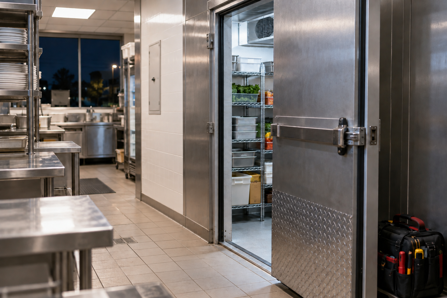 Open commercial walk-in cooler in a restaurant kitchen