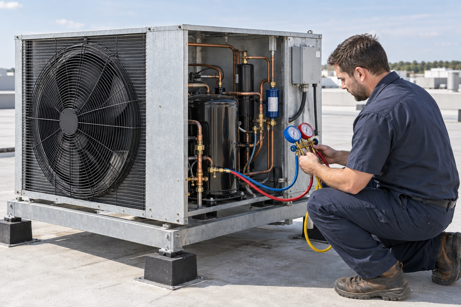 Technician checking refrigerant pressures on a walk-in cooler condensing unit